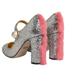 Silver Glitter Mink Fur VALLY Pumps Shoes