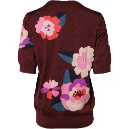 Maroon Floral Silk Crew Neck Blouse Top