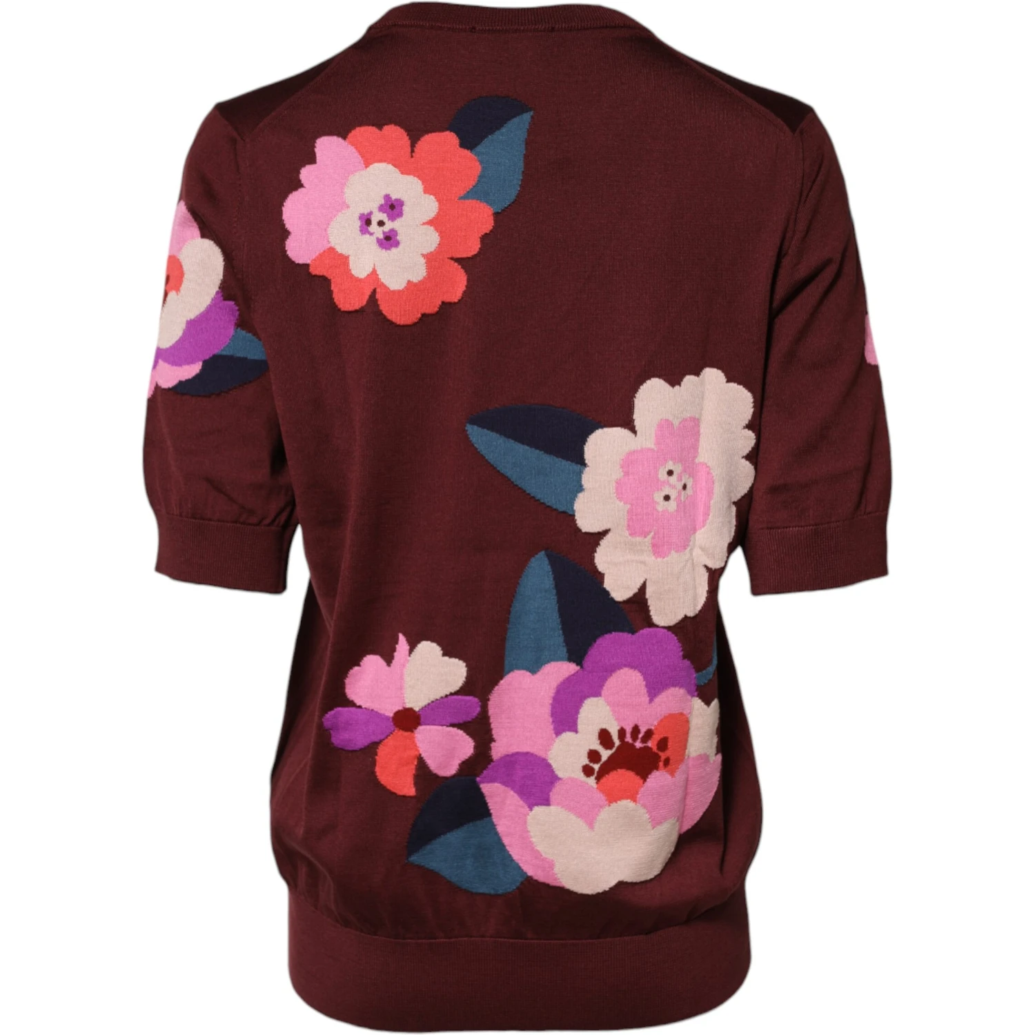 Maroon Floral Silk Crew Neck Blouse Top
