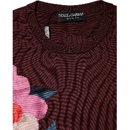 Maroon Floral Silk Crew Neck Blouse Top
