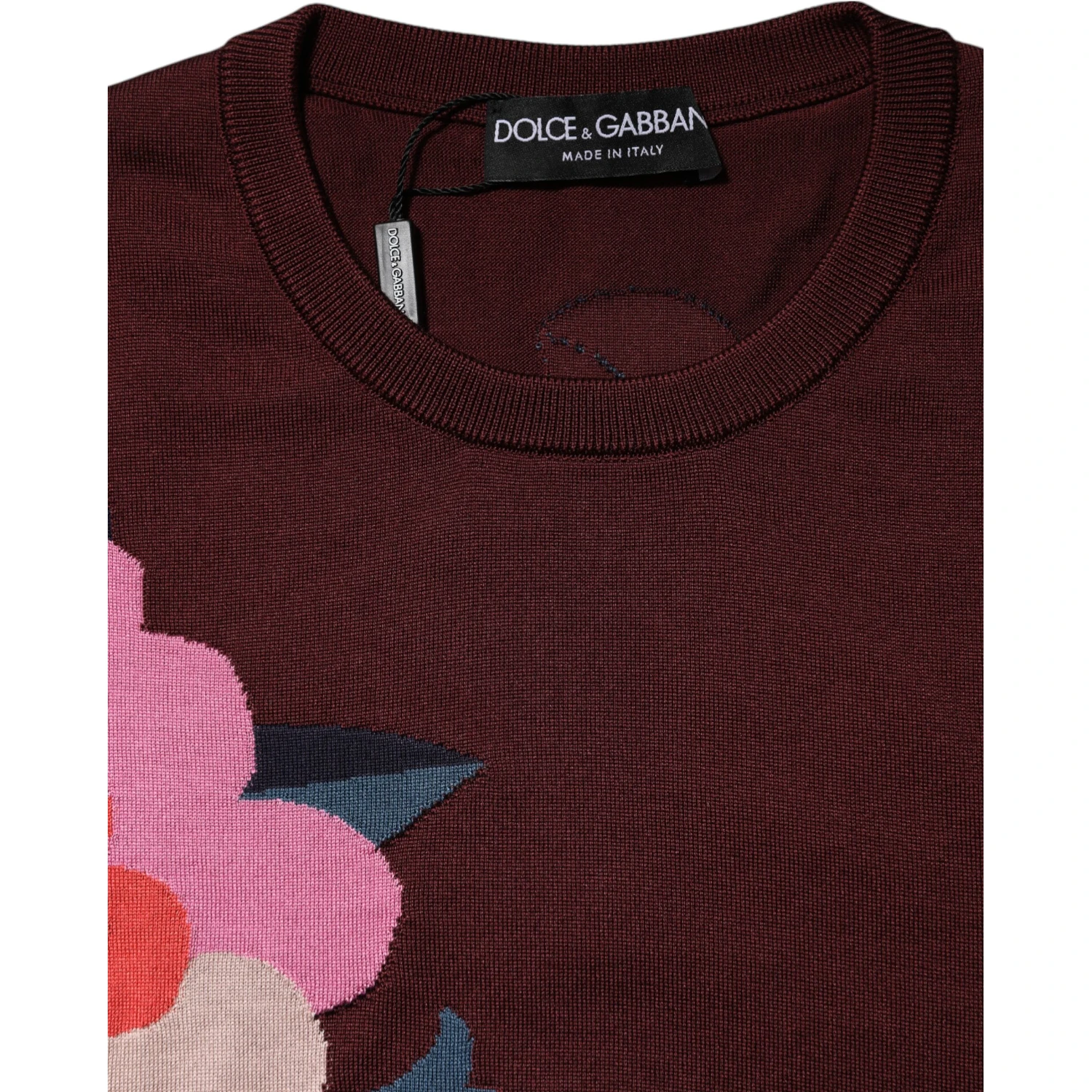Maroon Floral Silk Crew Neck Blouse Top