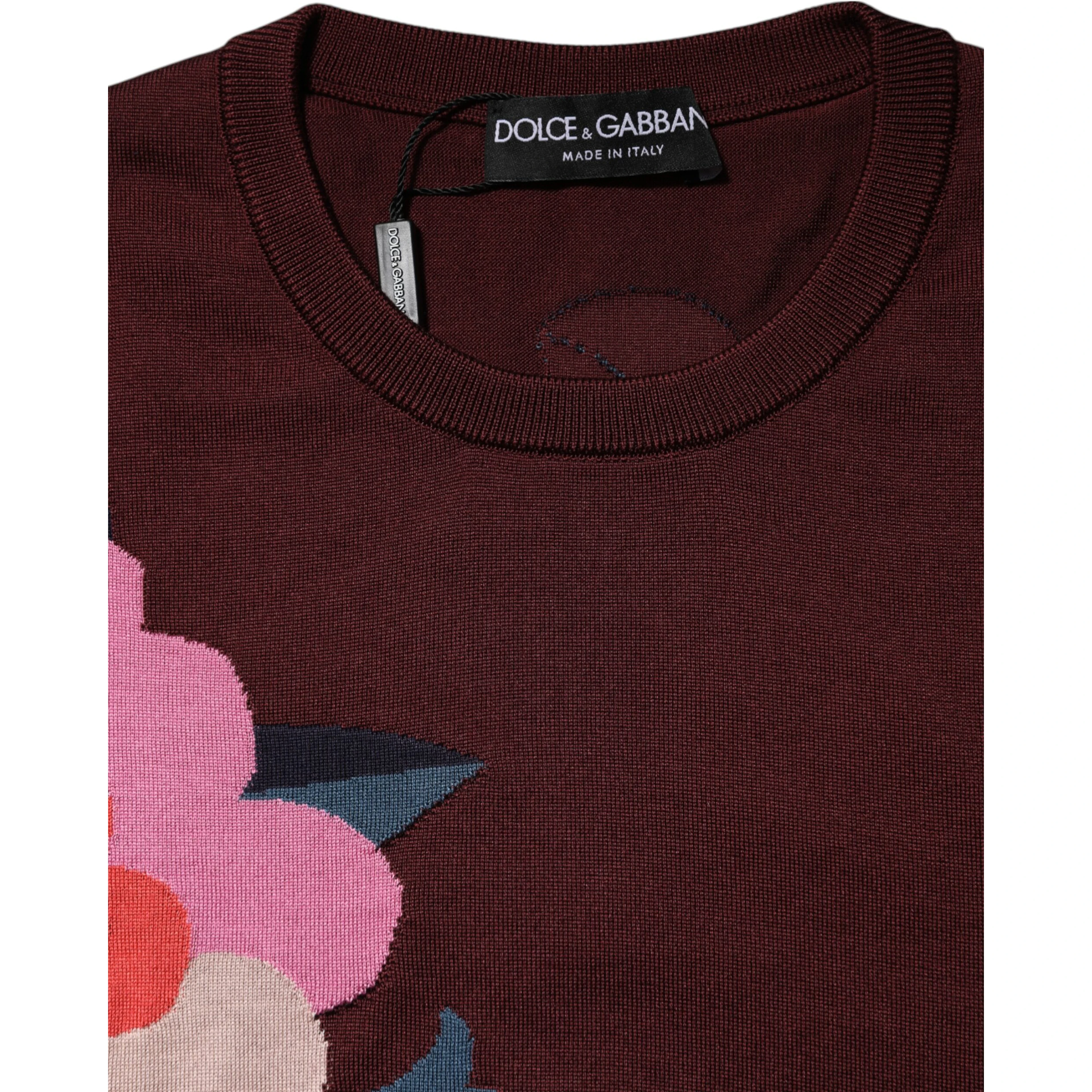 Maroon Floral Silk Crew Neck Blouse Top