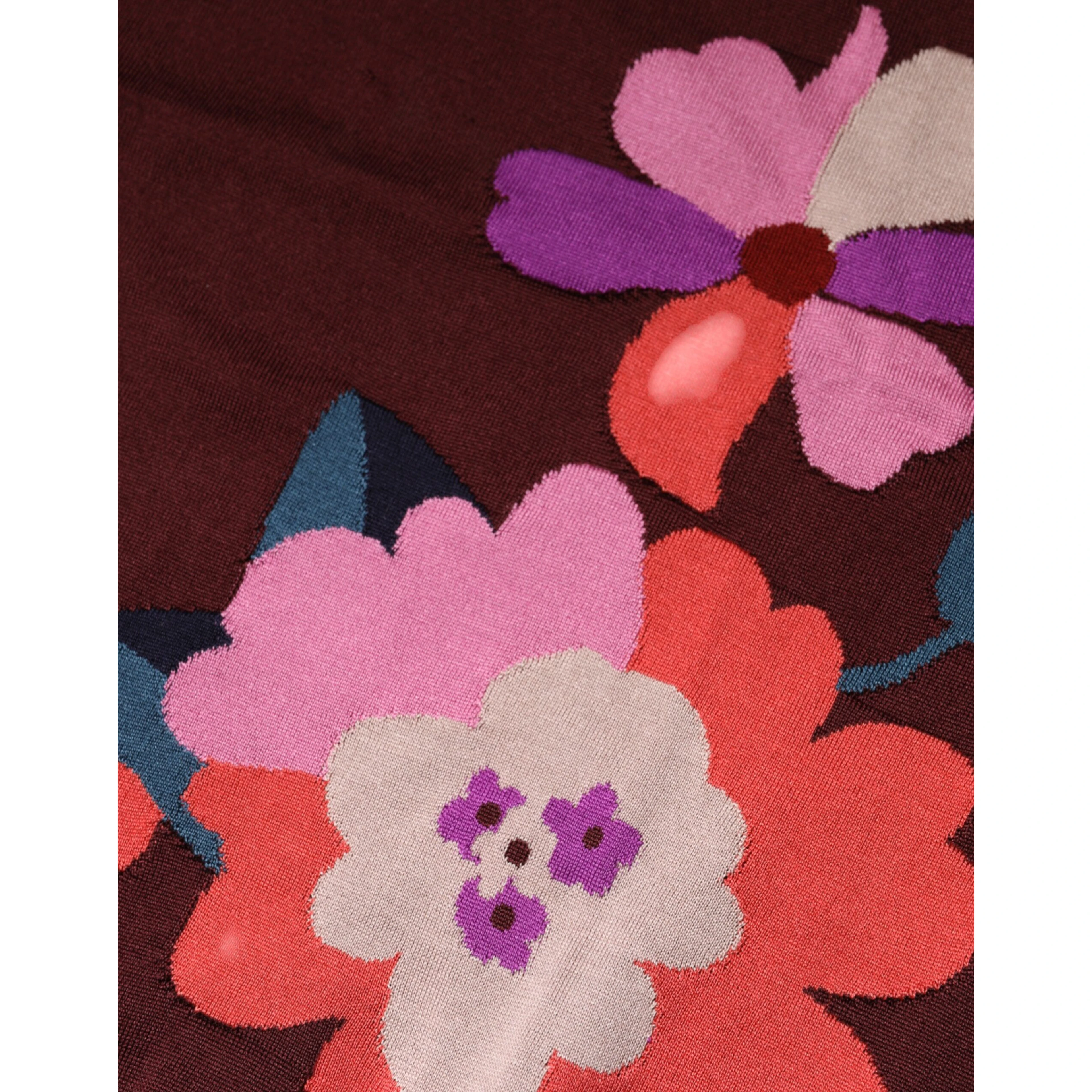 Maroon Floral Silk Crew Neck Blouse Top