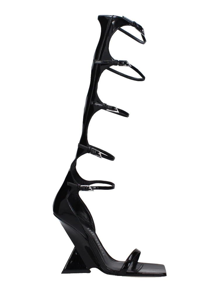 Black Leather Stiletto Heel Sandals