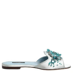 Silver Blue Leather Bead Embellish Slide Shoes