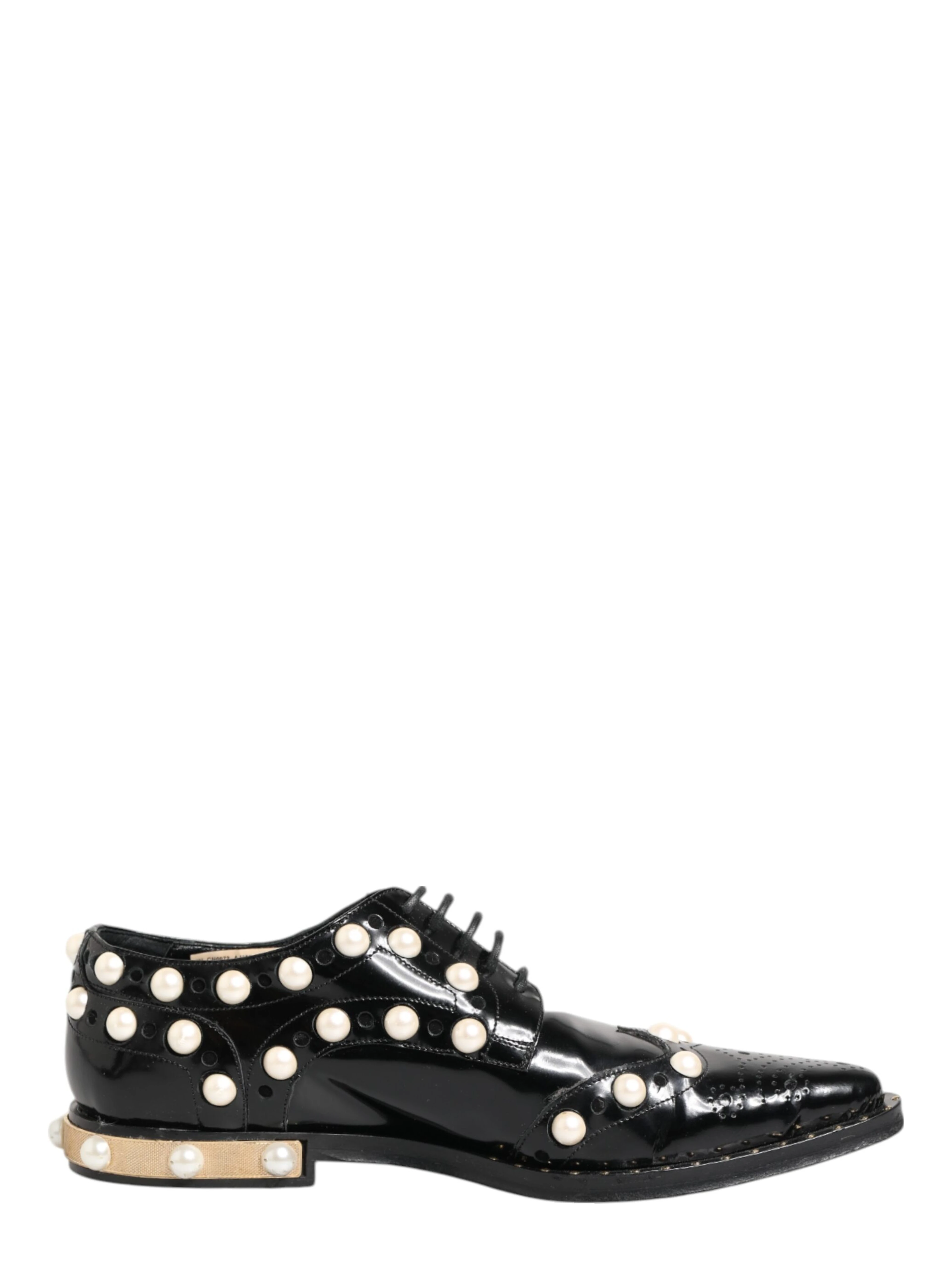 Black Leather Faux Pearl Dress Broque Shoes