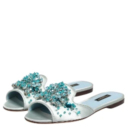 Silver Blue Leather Bead Embellish Slide Shoes