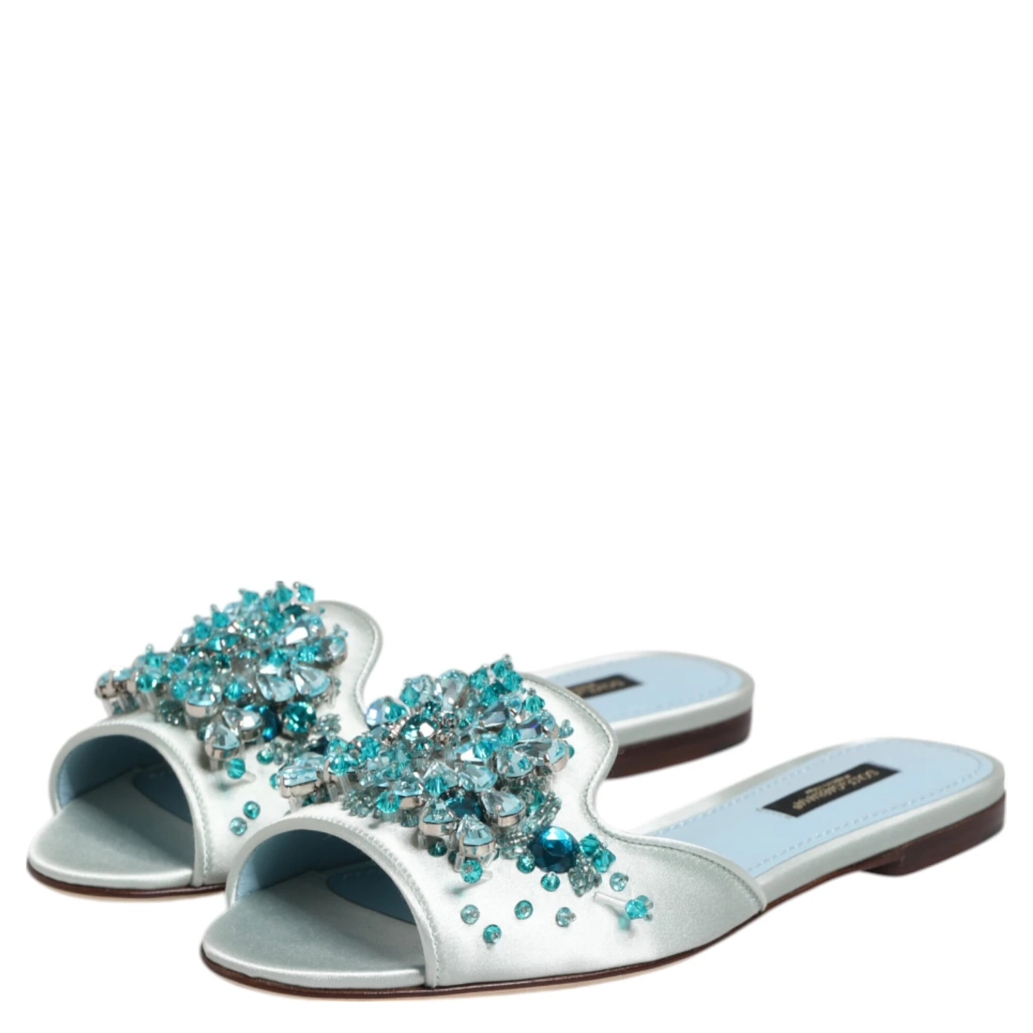Silver Blue Leather Bead Embellish Slide Shoes