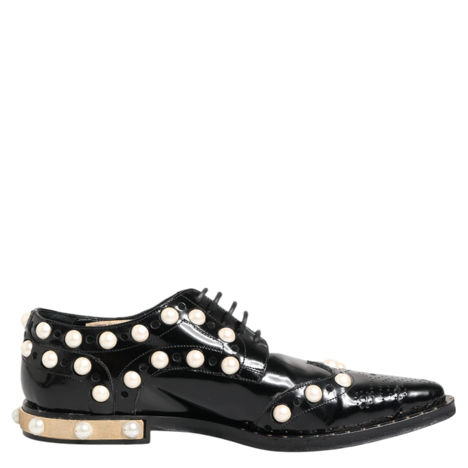 Black Leather Faux Pearl Dress Broque Shoes
