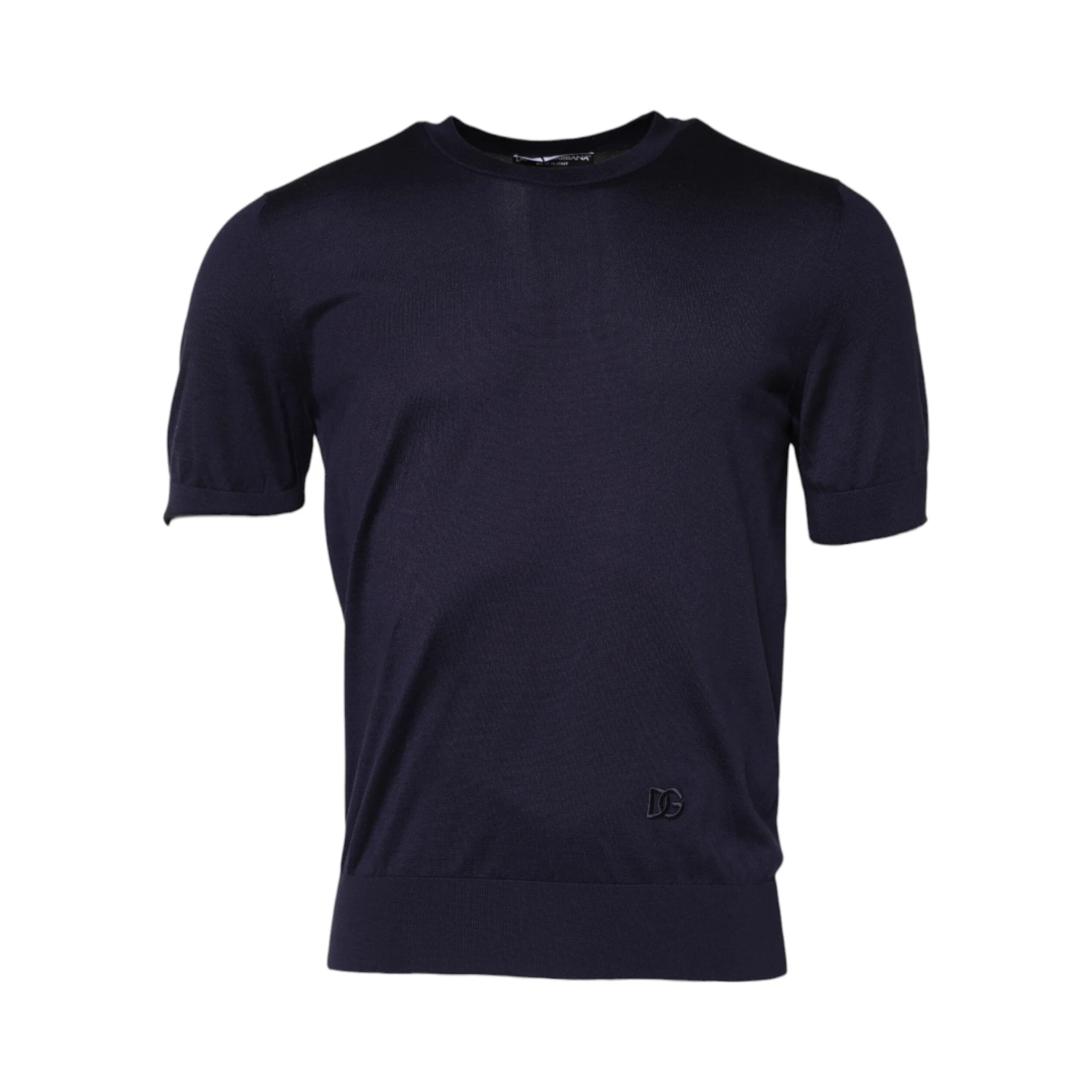 Dark Blue Silk Crew Neck Short Sleeves T-shirt