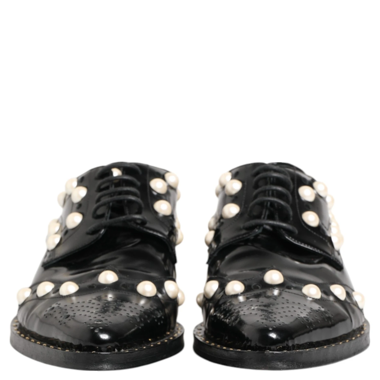 Black Leather Faux Pearl Dress Broque Shoes