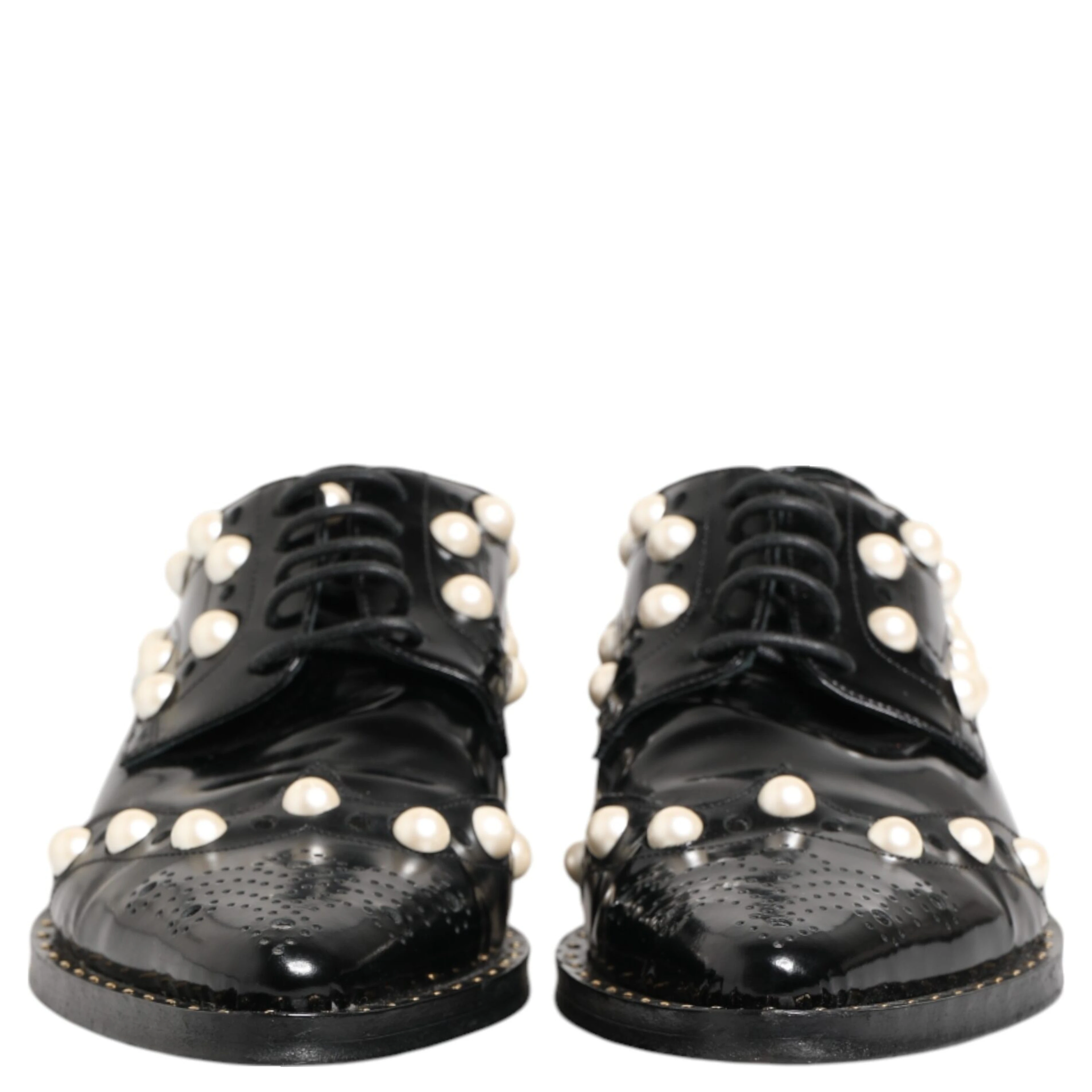 Black Leather Faux Pearl Dress Broque Shoes