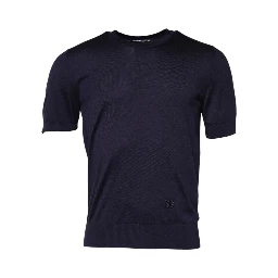 Dark Blue Silk Crew Neck Short Sleeves T-shirt