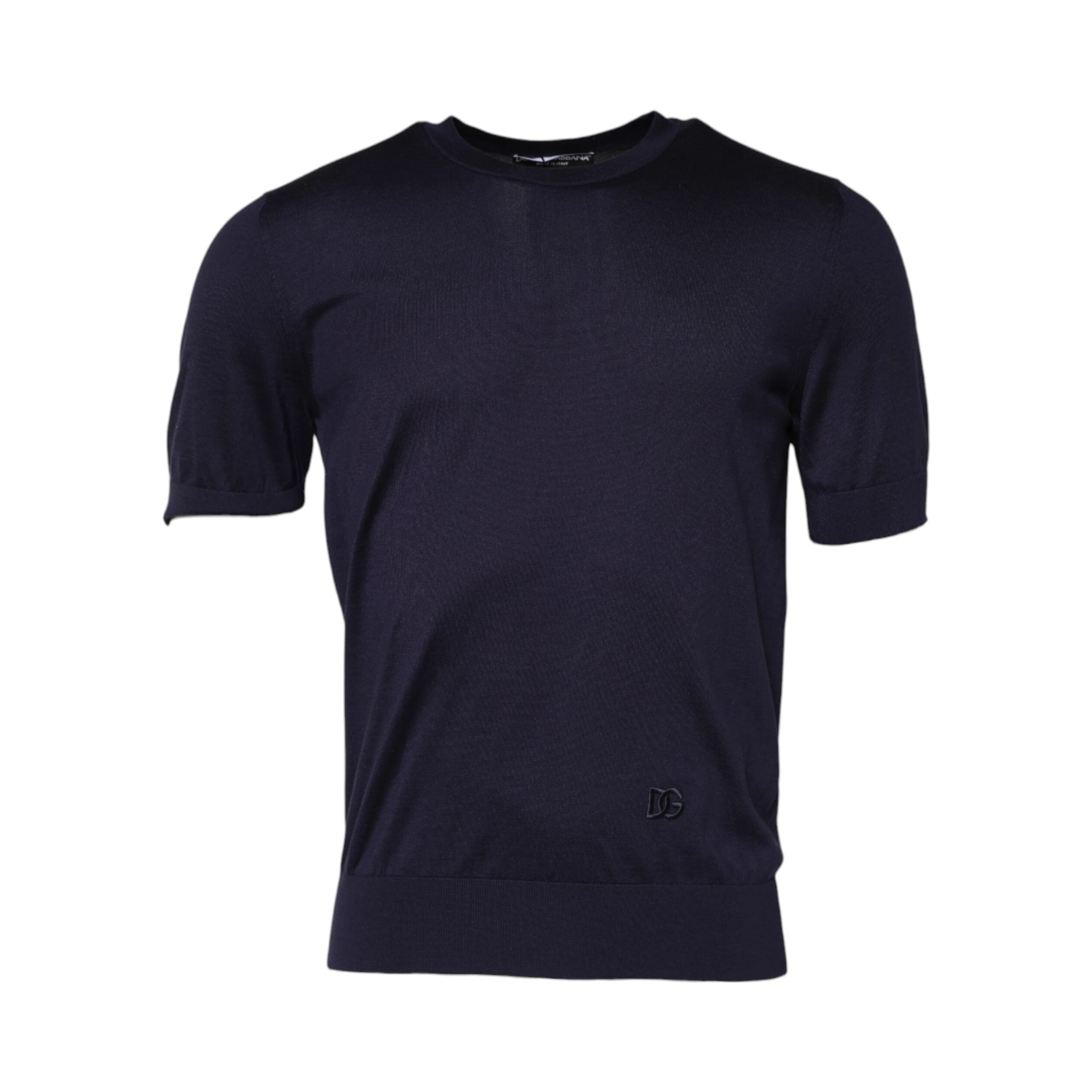 Dark Blue Silk Crew Neck Short Sleeves T-shirt