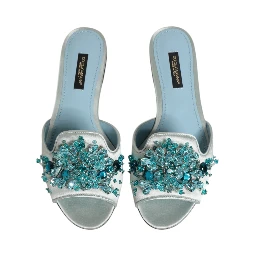 Silver Blue Leather Bead Embellish Slide Shoes