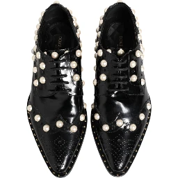 Black Leather Faux Pearl Dress Broque Shoes