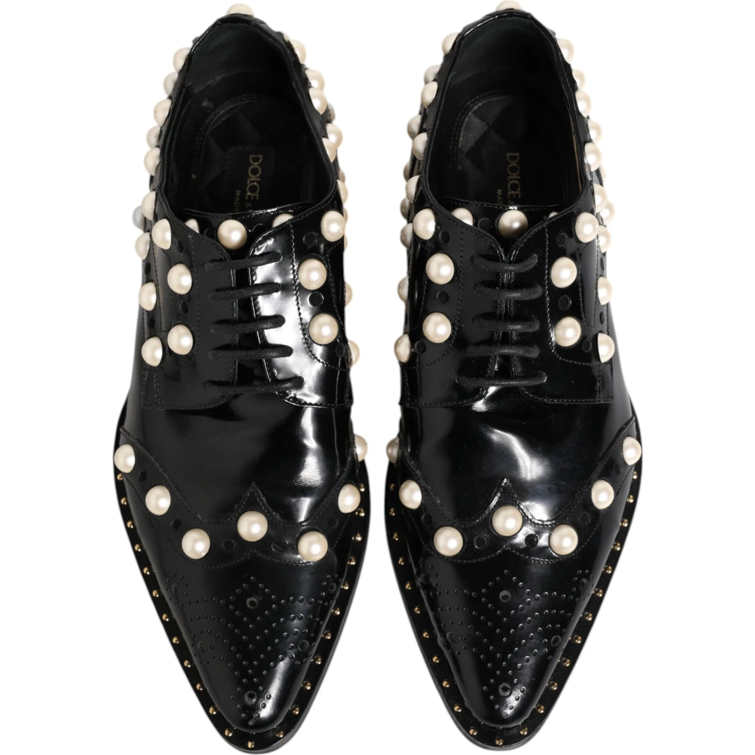 Black Leather Faux Pearl Dress Broque Shoes