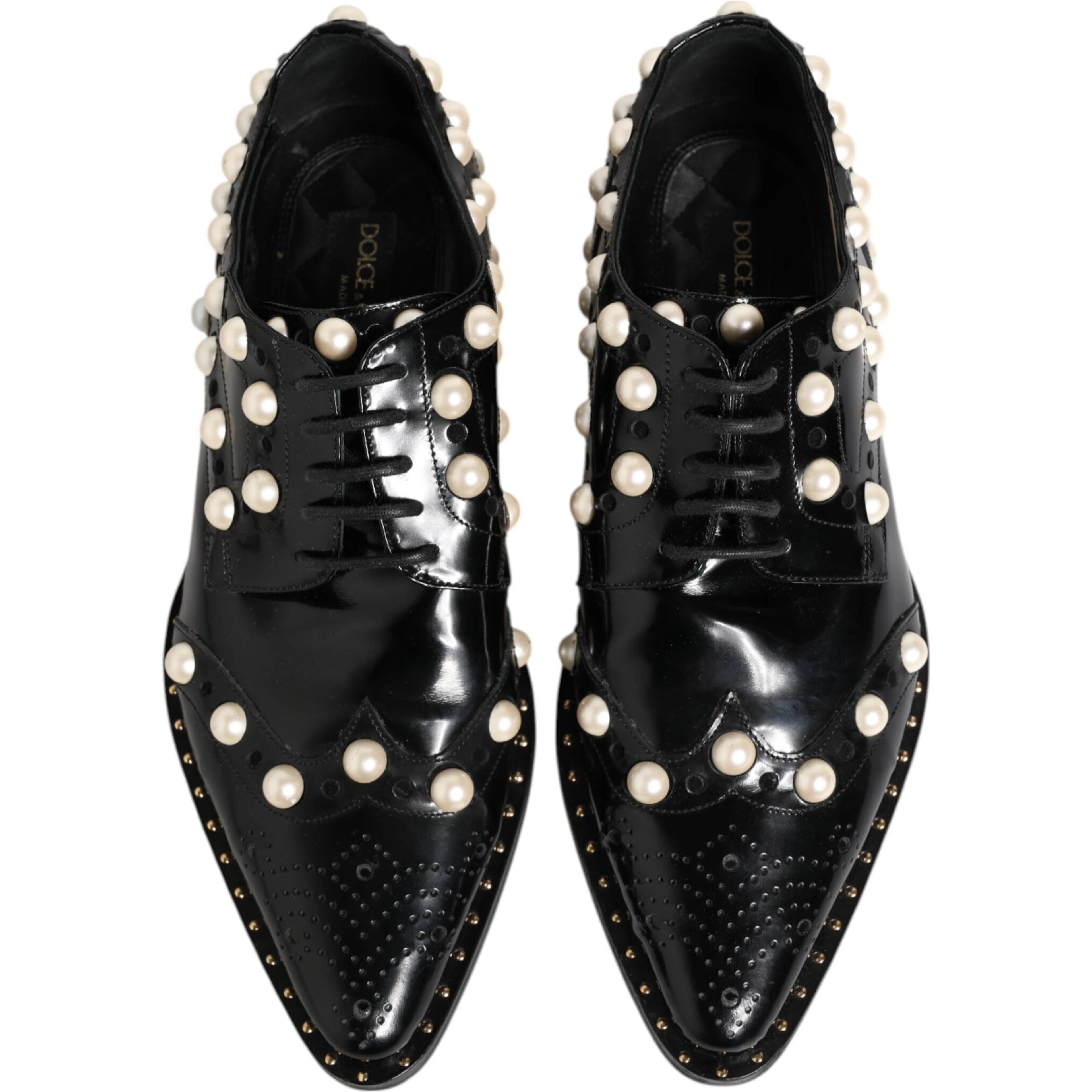 Black Leather Faux Pearl Dress Broque Shoes
