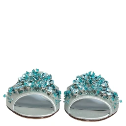 Silver Blue Leather Bead Embellish Slide Shoes
