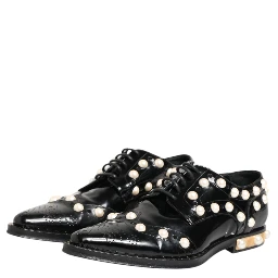Black Leather Faux Pearl Dress Broque Shoes