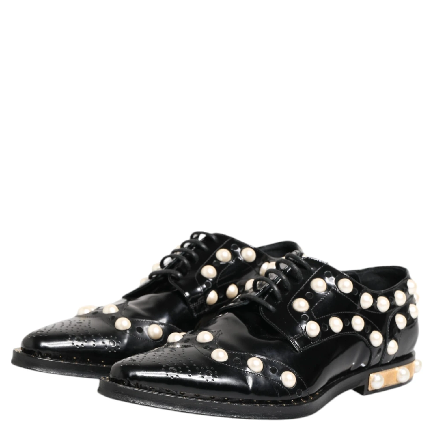 Black Leather Faux Pearl Dress Broque Shoes