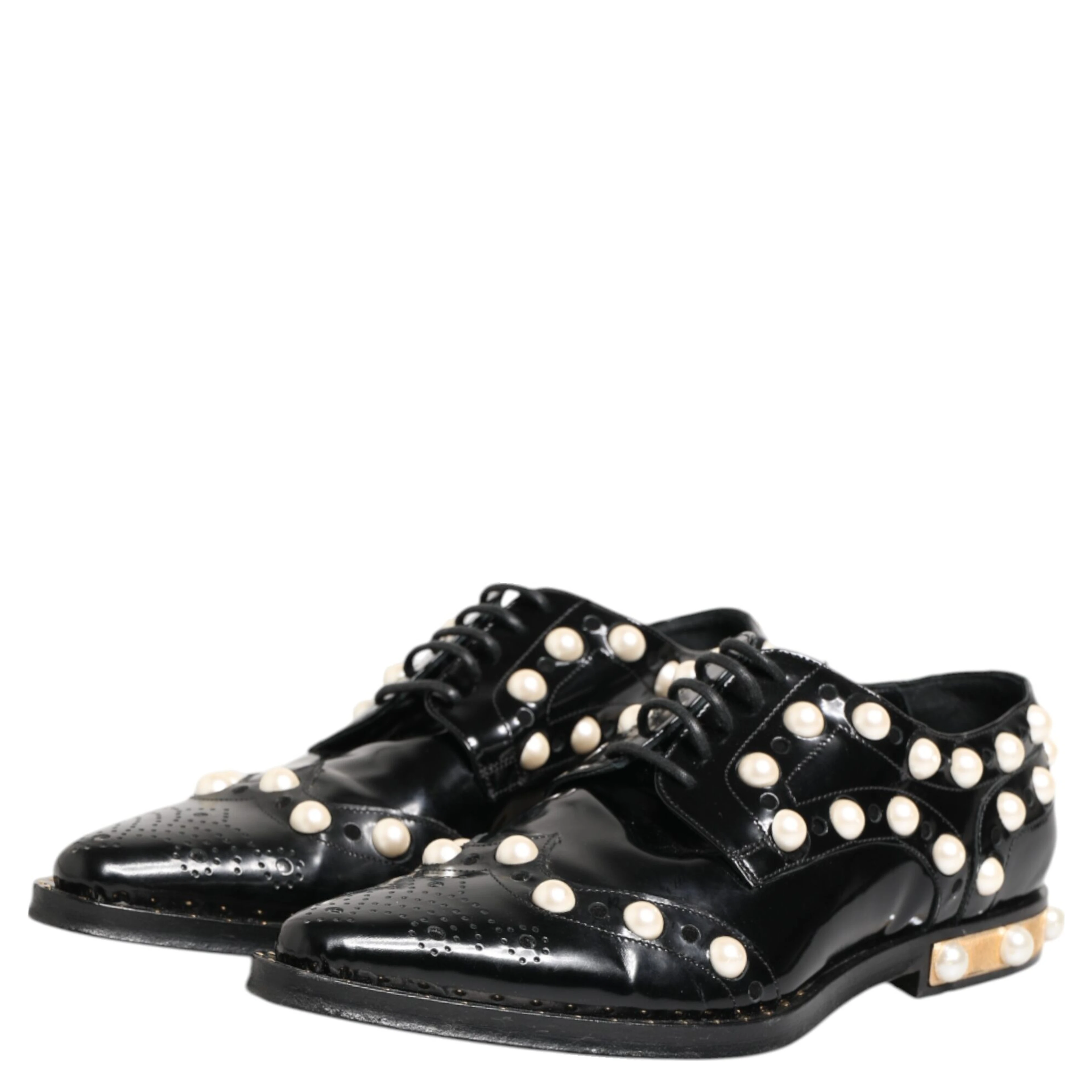 Black Leather Faux Pearl Dress Broque Shoes