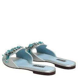 Silver Blue Leather Bead Embellish Slide Shoes