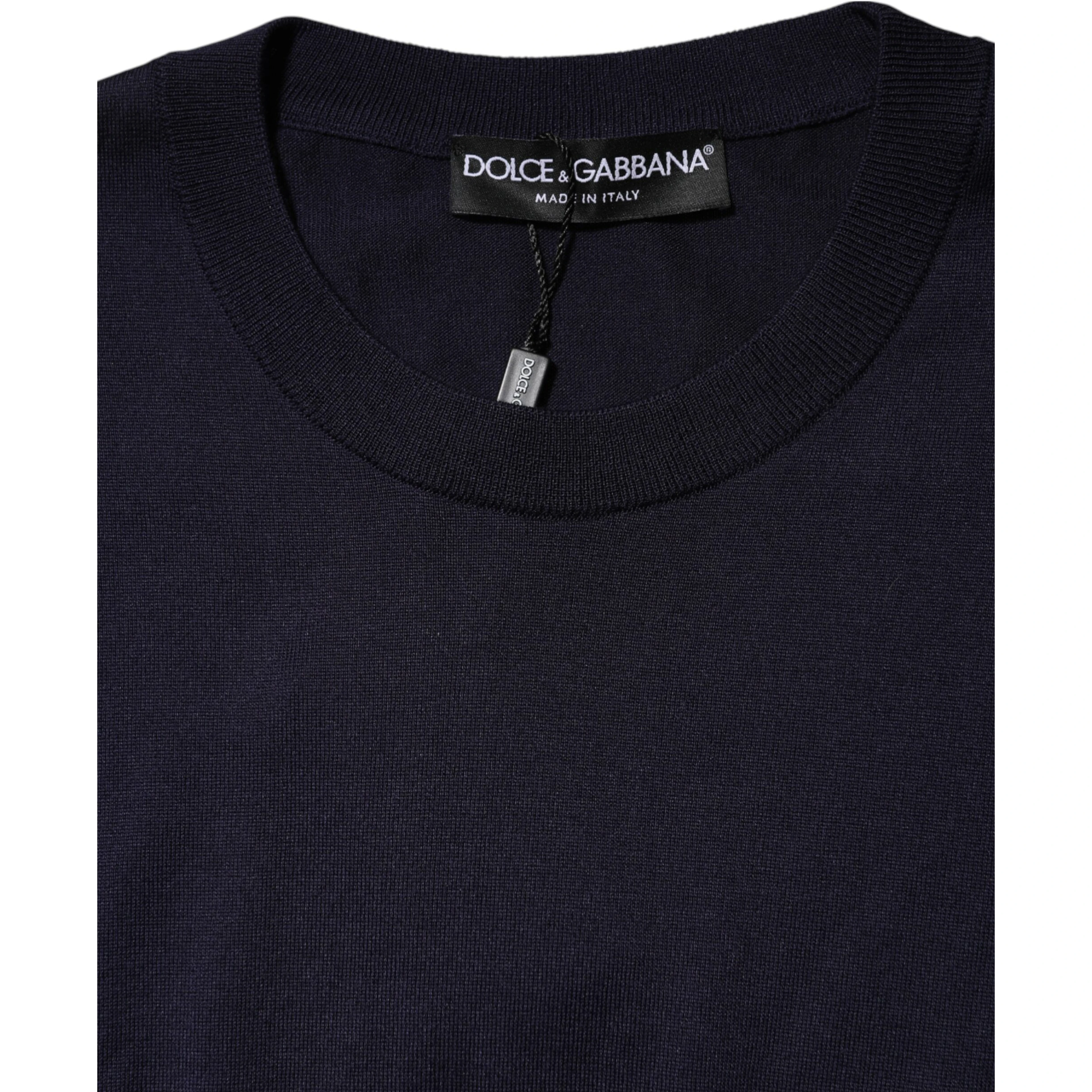 Dark Blue Silk Crew Neck Short Sleeves T-shirt