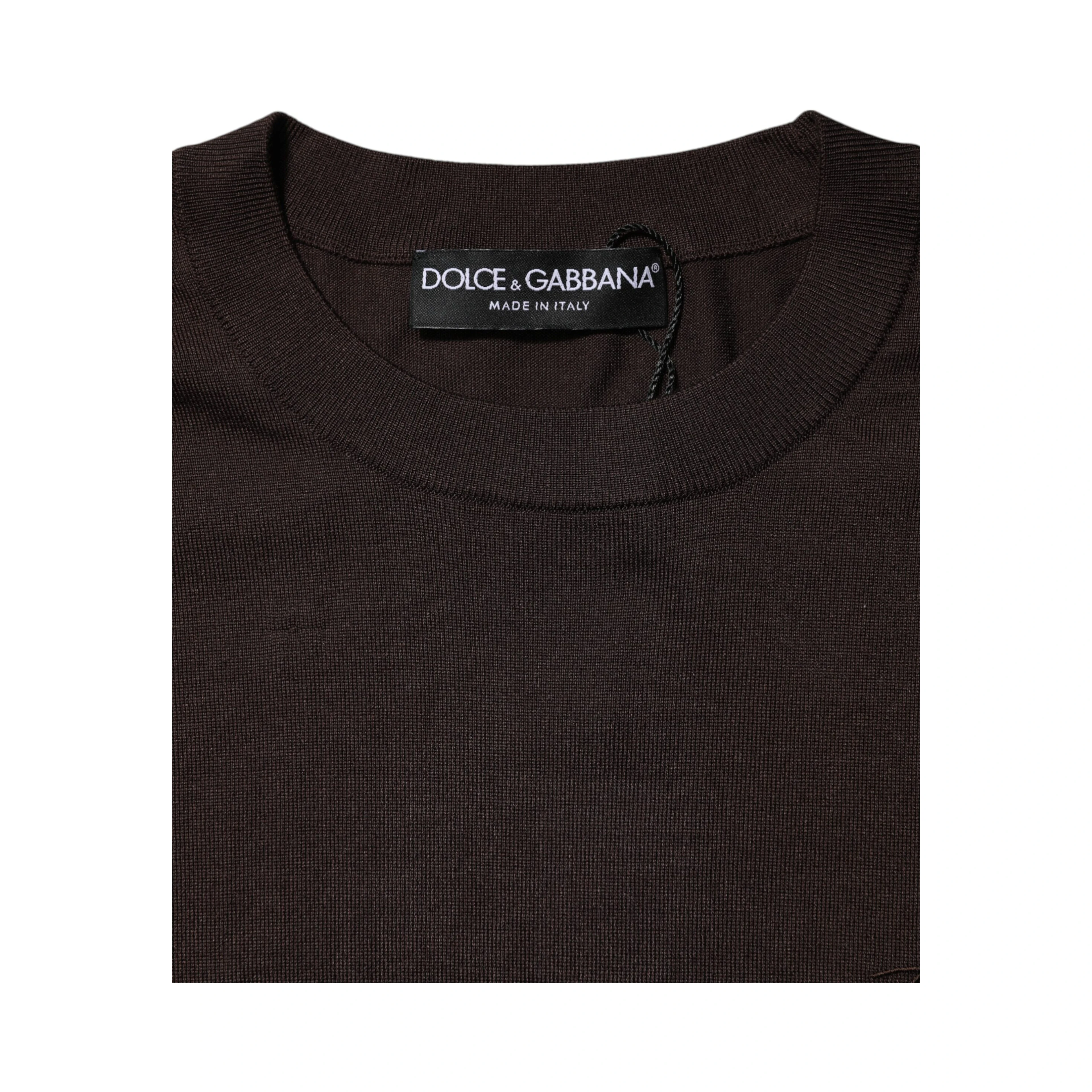 Brown Silk Crew Neck Short Sleeves T-shirt