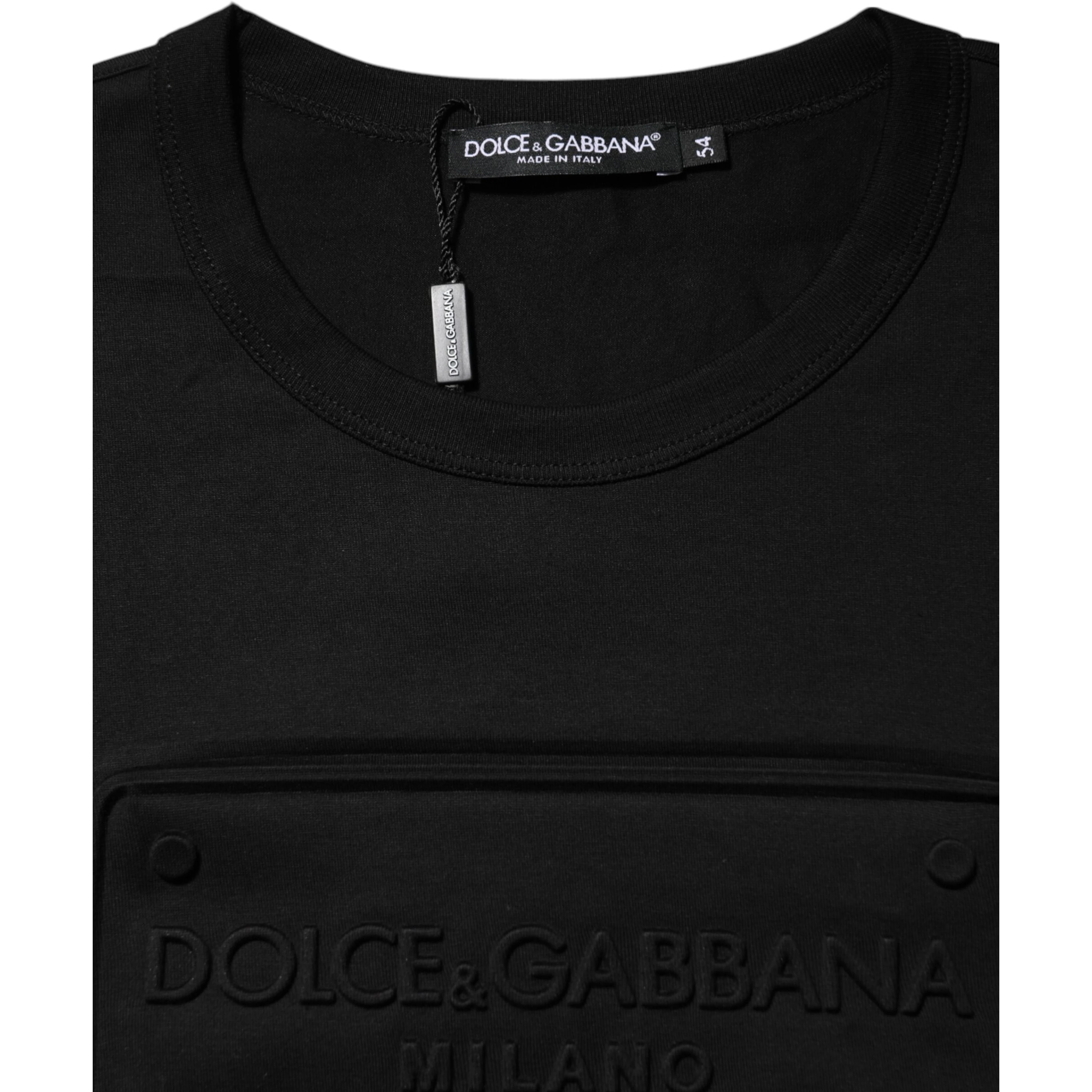Black Embossed Logo Cotton Crew Neck T-shirt