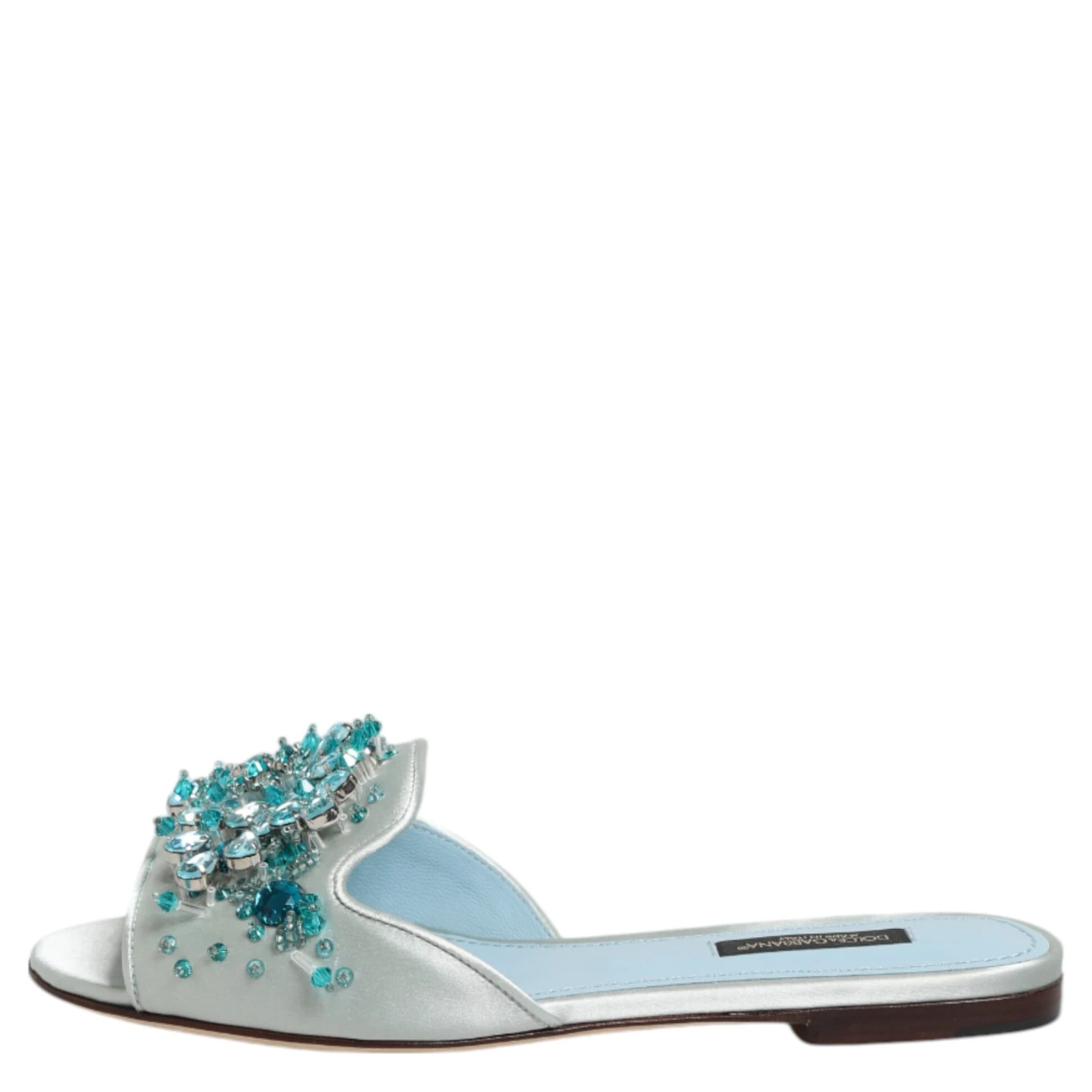 Silver Blue Leather Bead Embellish Slide Shoes