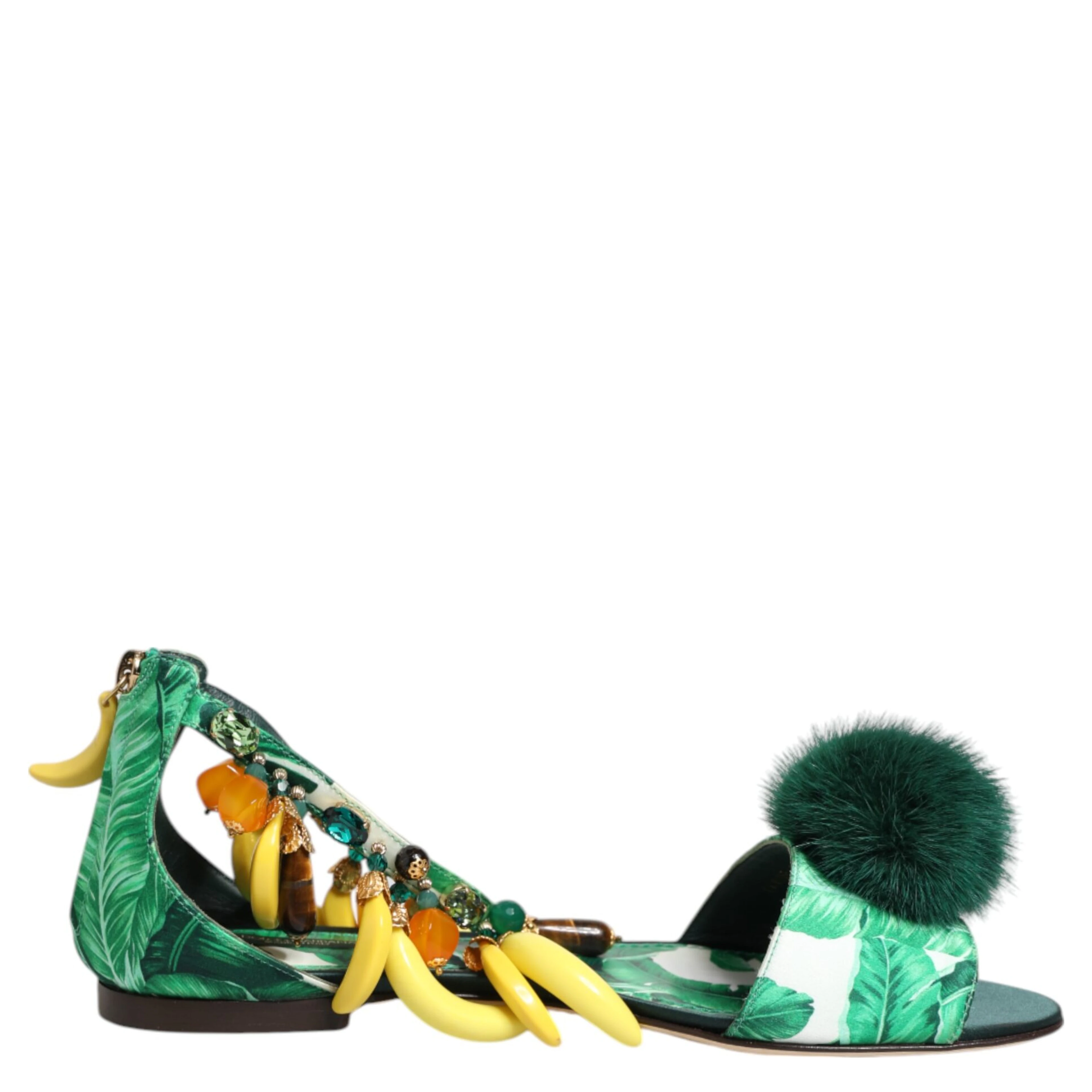 Green Mink Fur Satin Banana Leaf Sandals Shoes