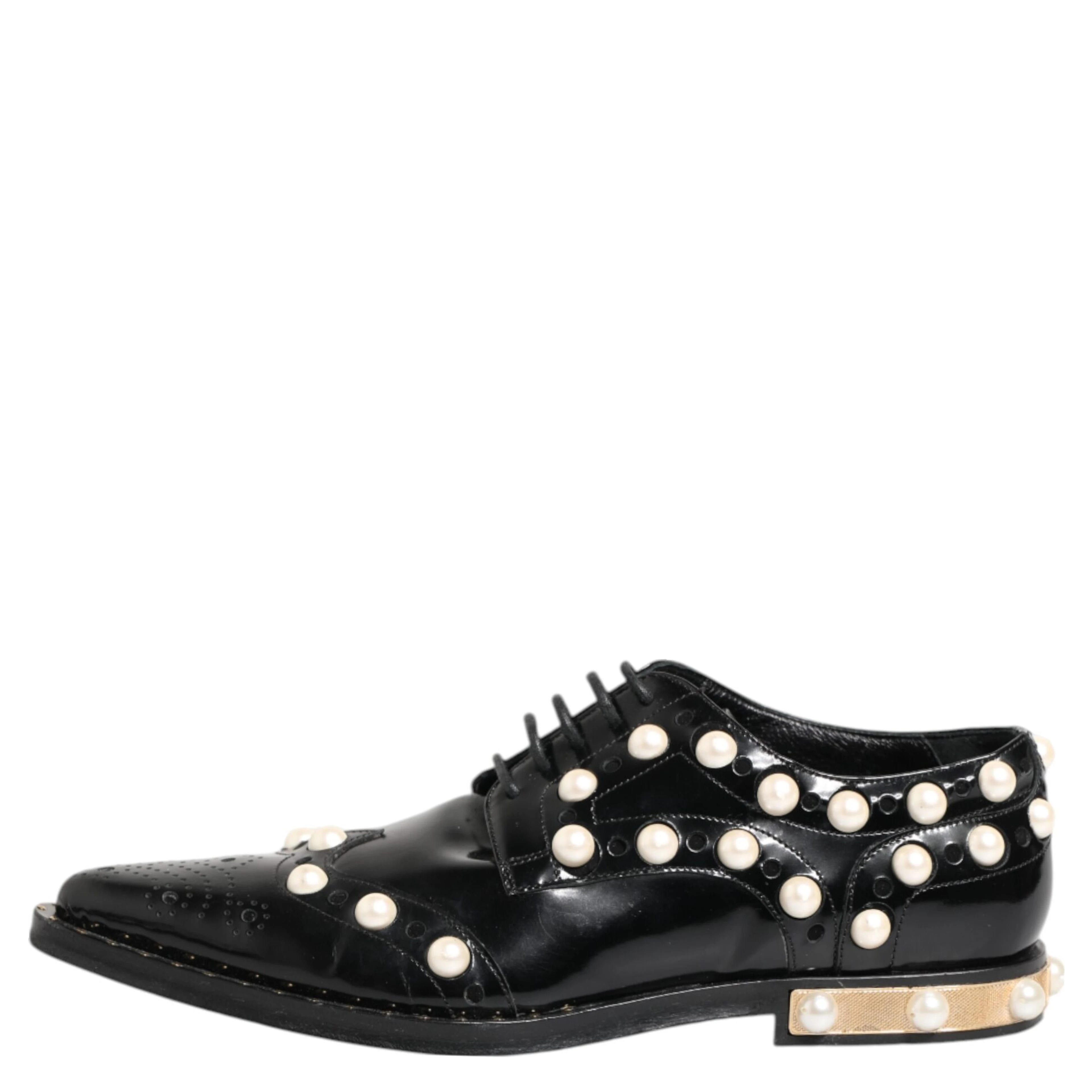 Black Leather Faux Pearl Dress Broque Shoes