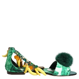 Green Mink Fur Satin Banana Leaf Sandals Shoes
