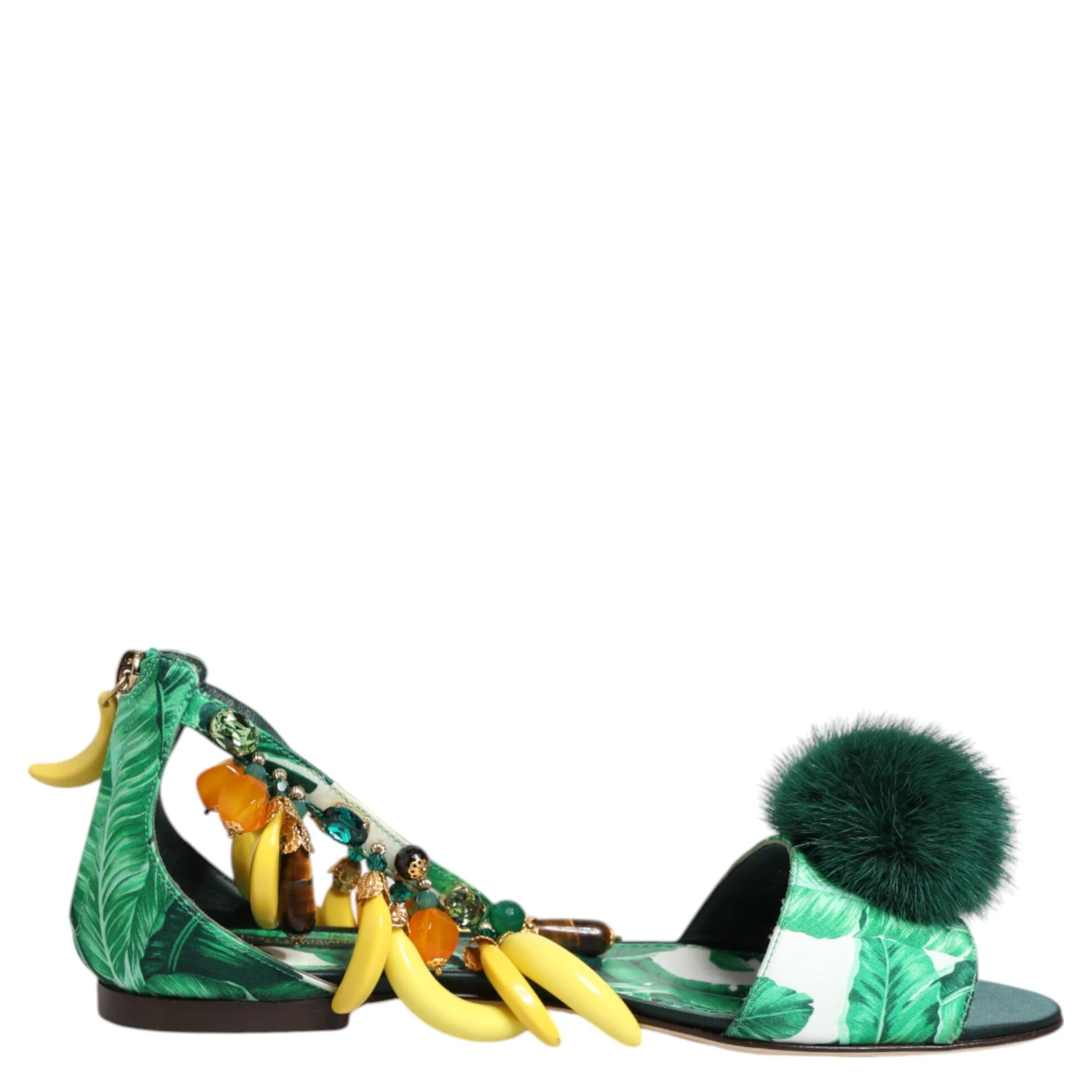 Green Mink Fur Satin Banana Leaf Sandals Shoes