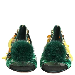 Green Mink Fur Satin Banana Leaf Sandals Shoes
