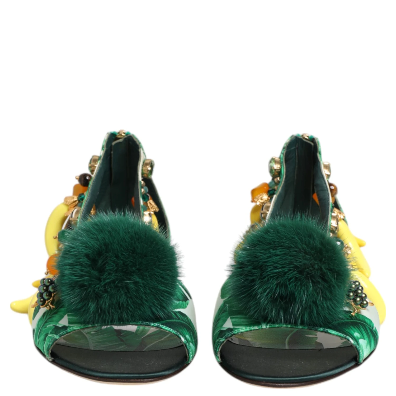 Green Mink Fur Satin Banana Leaf Sandals Shoes