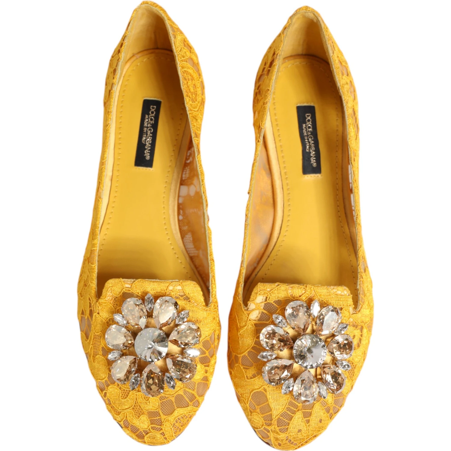Yellow Taormina Lace Crystals Flats Shoes