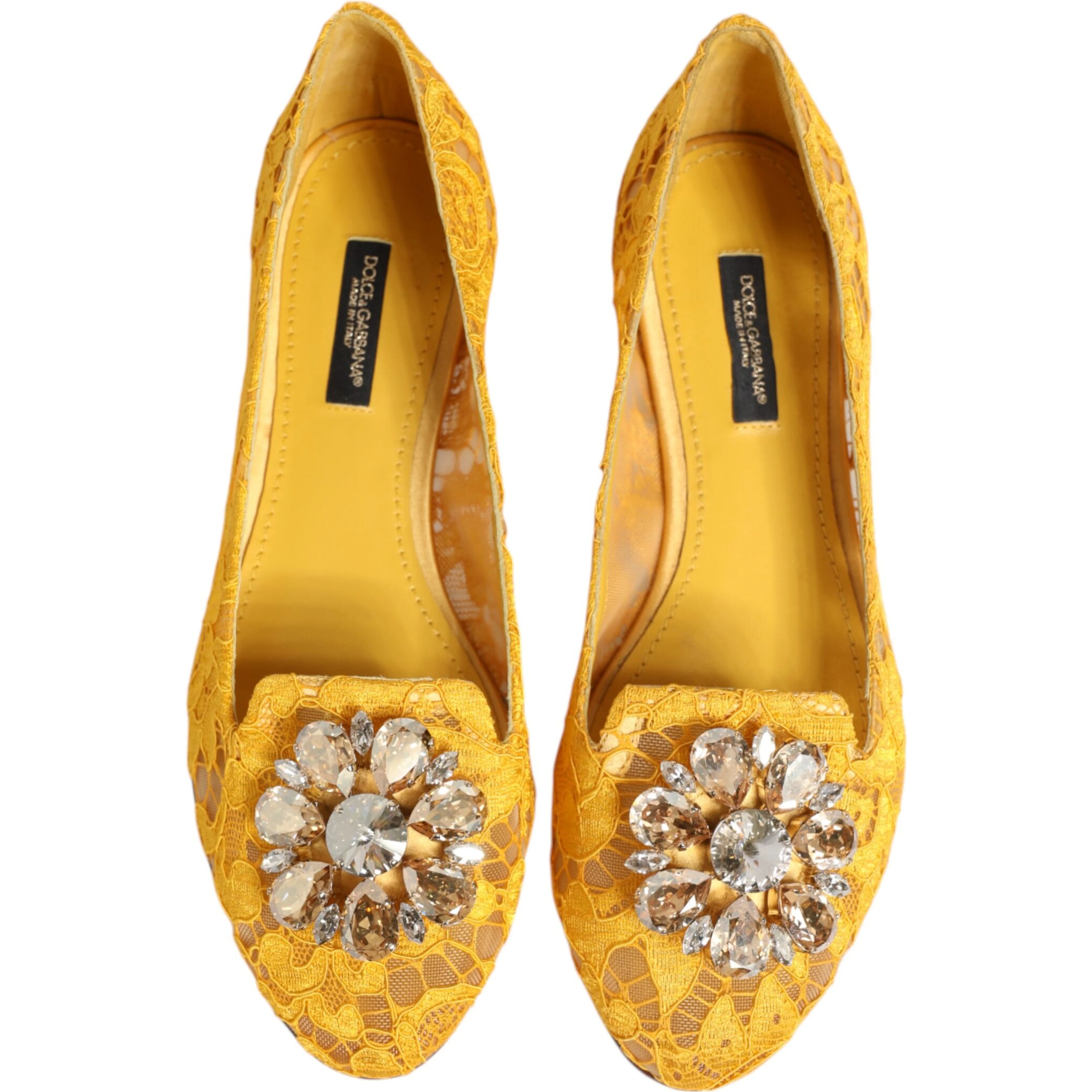 Yellow Taormina Lace Crystals Flats Shoes
