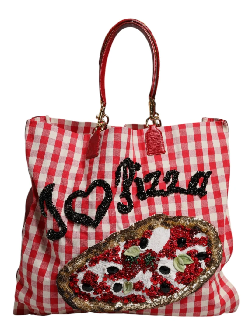 Red I Love Pizza Rhinestone Embellished Tote Bag