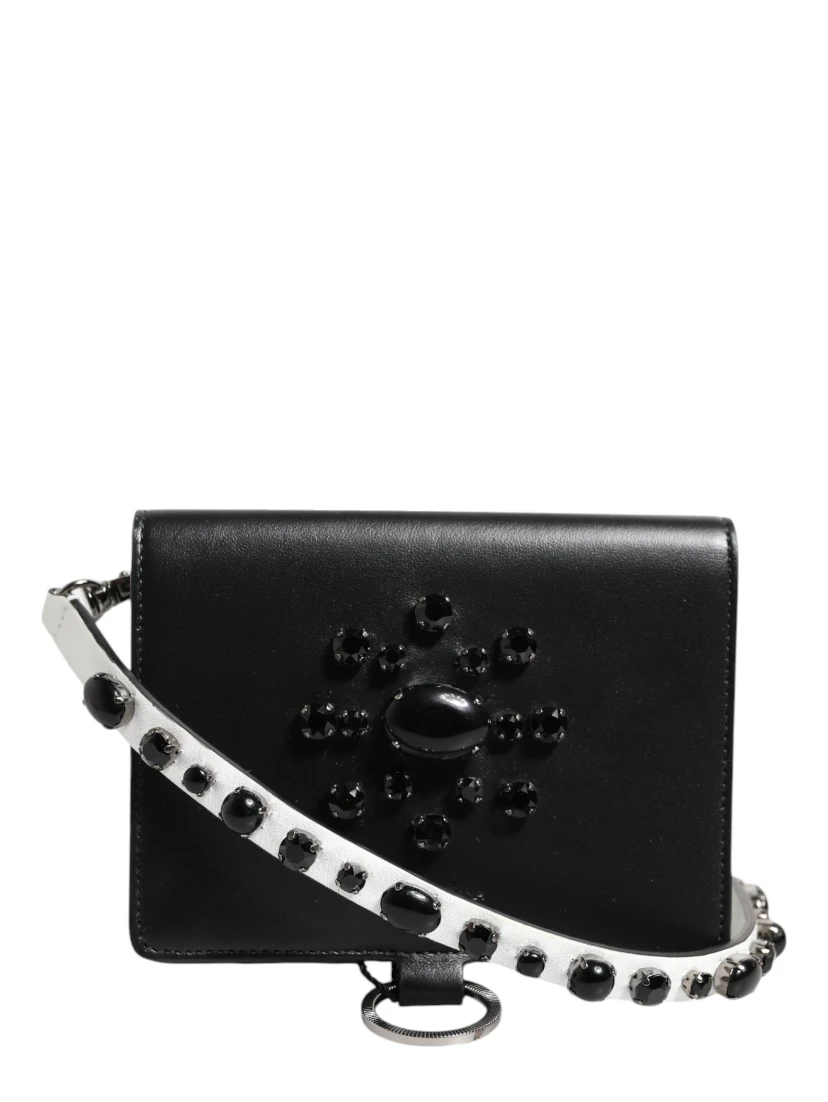 Black Leather Crystal Embellished Card Holder Wallet