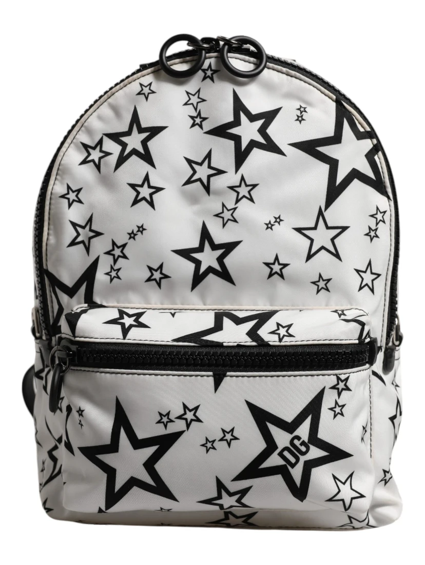 White DG Stars Print Nylon Travel Backpack Bag