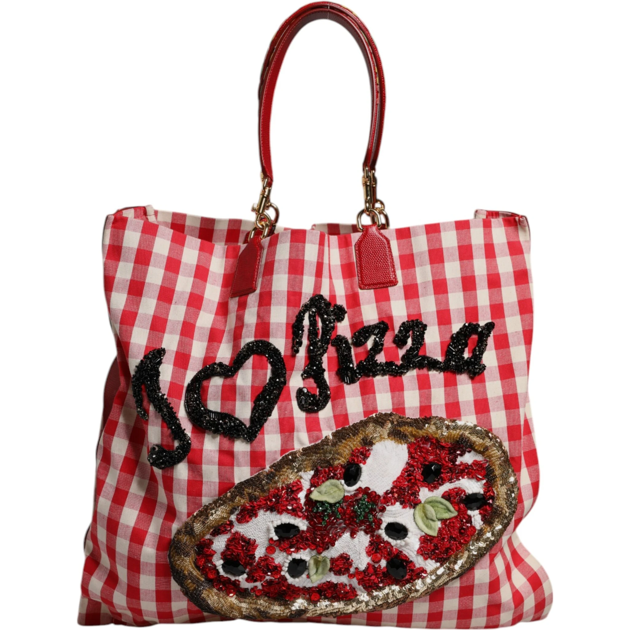 Red I Love Pizza Rhinestone Embellished Tote Bag