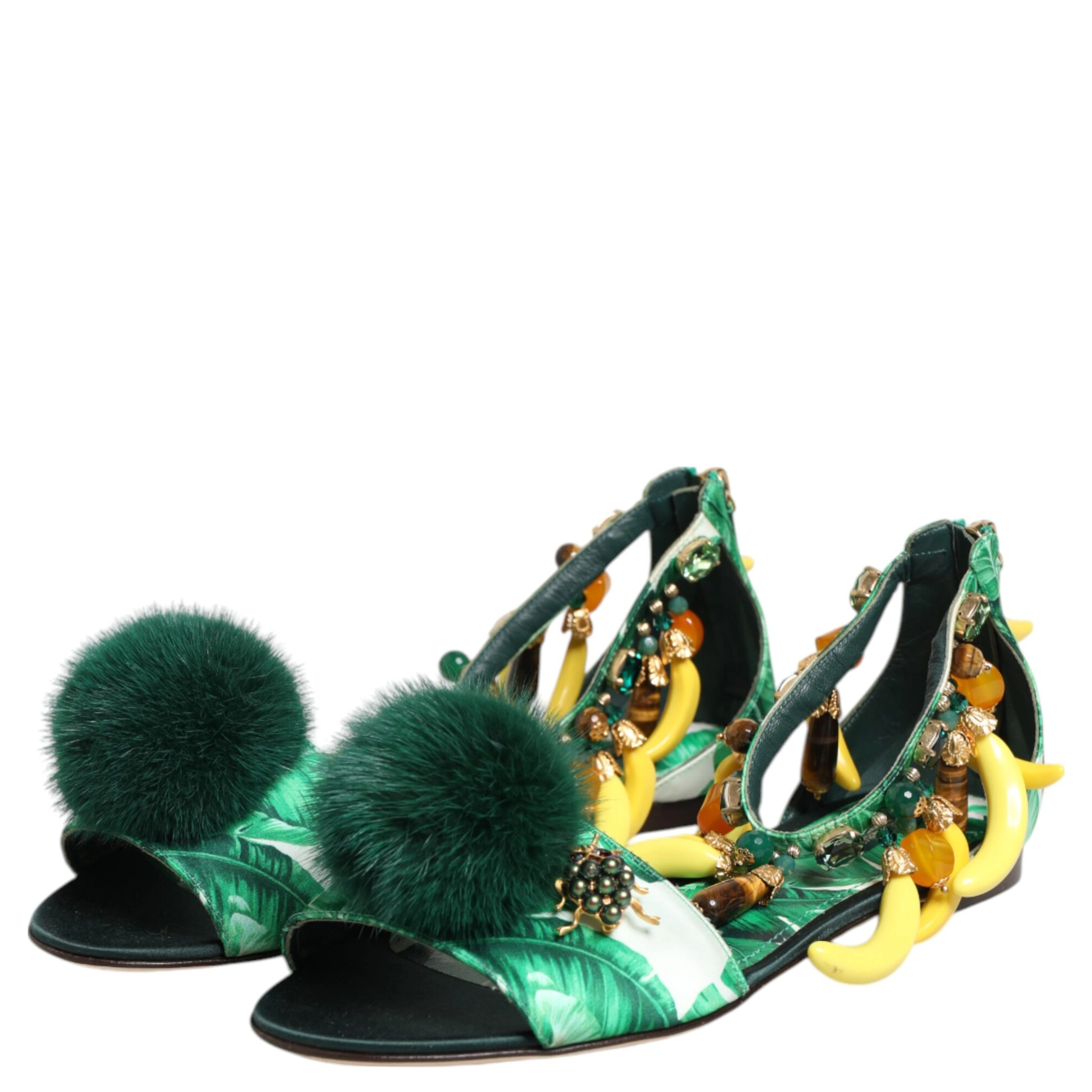 Green Mink Fur Satin Banana Leaf Sandals Shoes