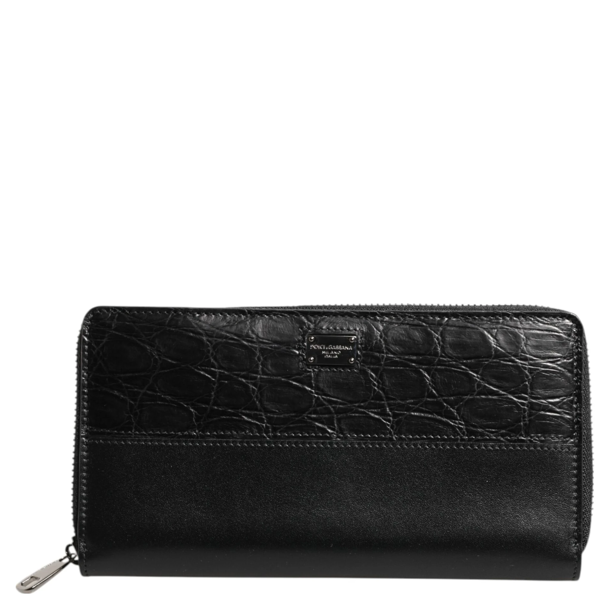 Black Leather Logo Plaque Zip Around Continental Wallet