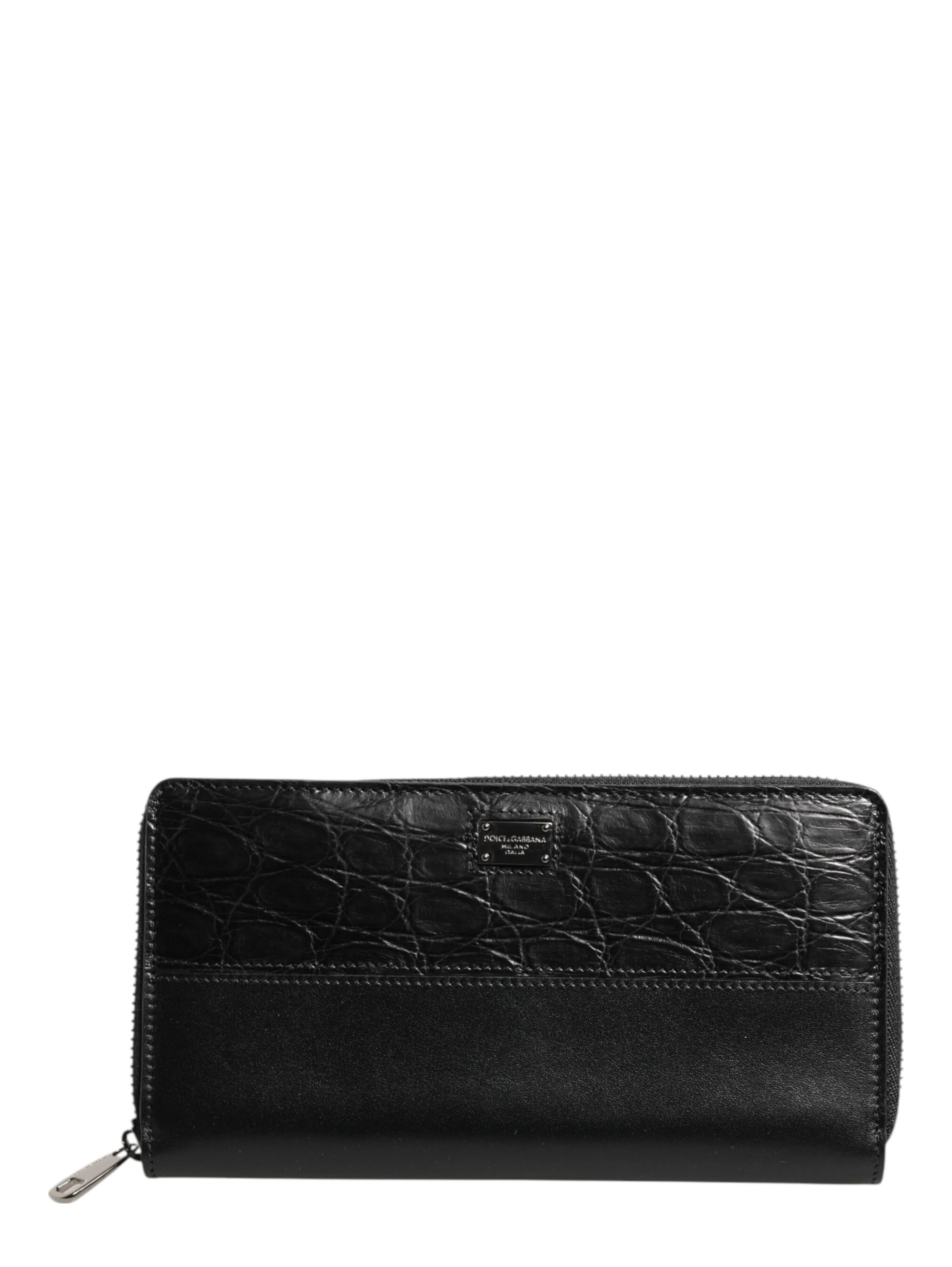 Black Leather Logo Plaque Zip Around Continental Wallet
