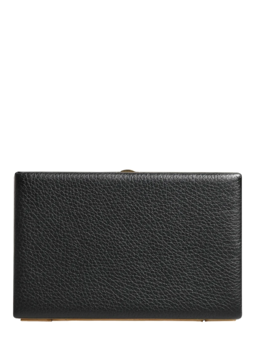 Black Leather Gold Frame Clutch Evening Party Purse Bag