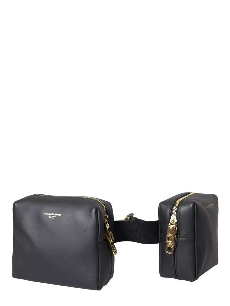 Black Calfskin Leather Double Waist Belt Fanny Pack Bag