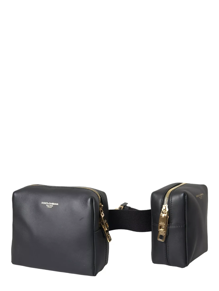 Black Calfskin Leather Double Waist Belt Fanny Pack Bag