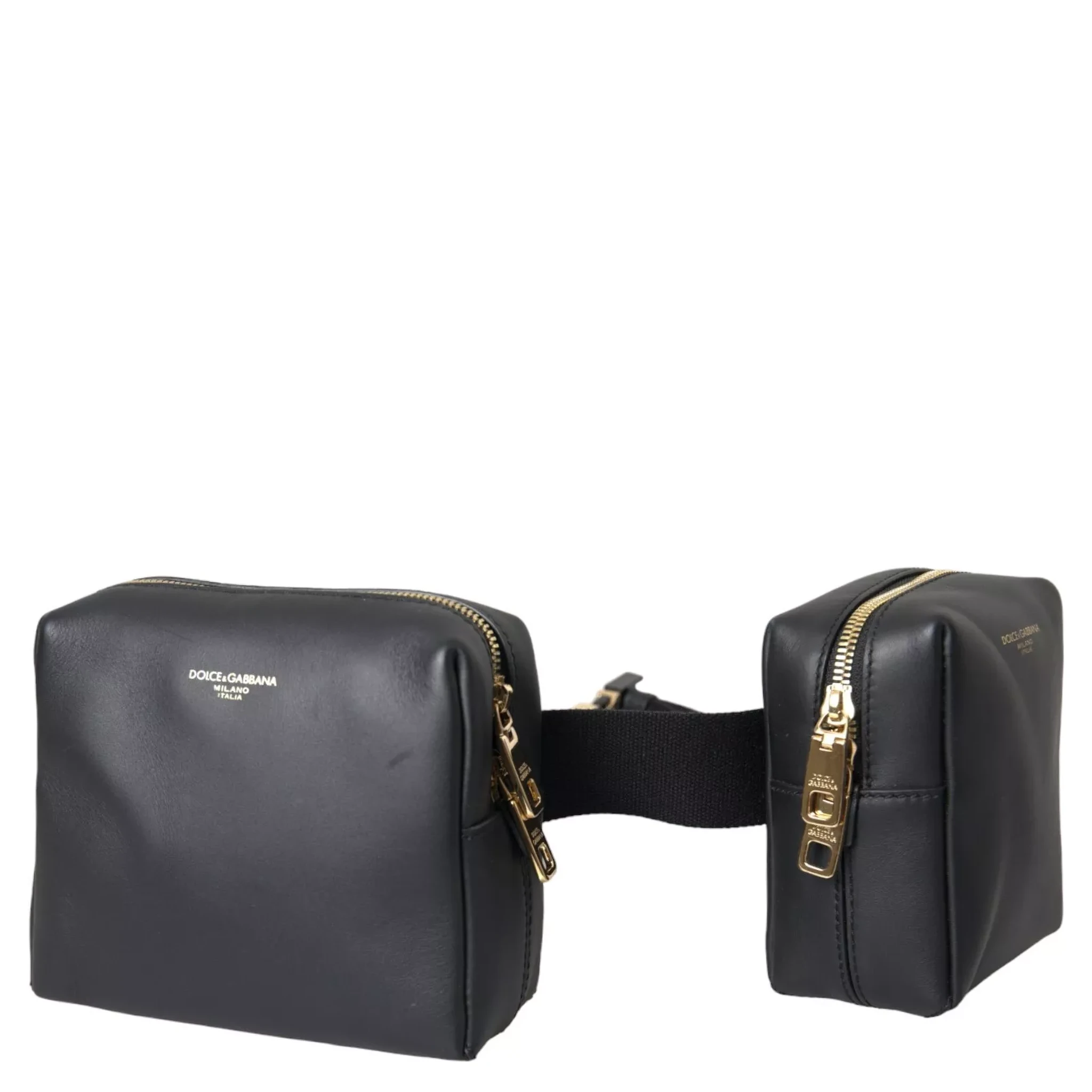 Black Calfskin Leather Double Waist Belt Fanny Pack Bag